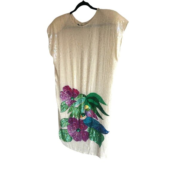 Vintage Sequin Floral & Bird Embellished Dress With Button Back Closure - Picture 8 of 8